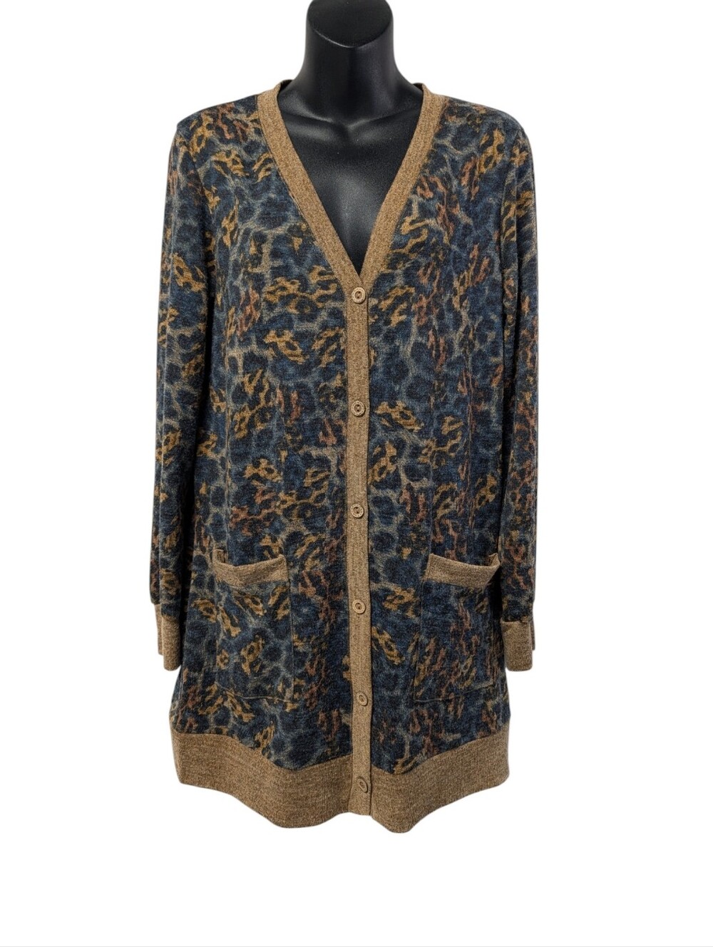 Grecerelle Women's Leopard Print Long Knit Cardigan Size M Button Front Pockets